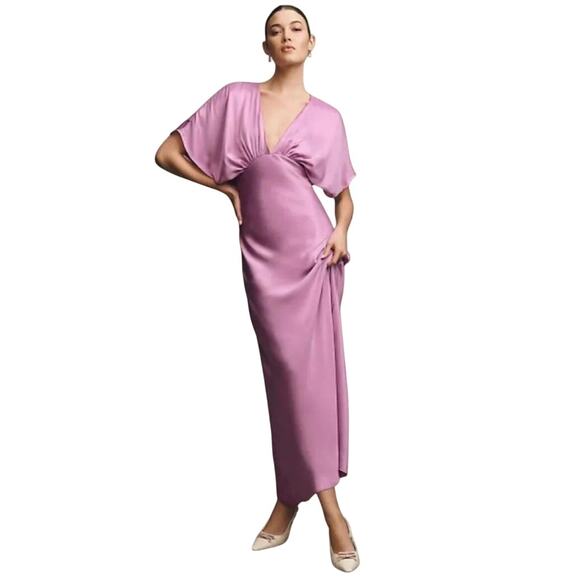 NWT Anthropologies BHLDN Amelia Deep-V Satin Maxi Dress Pink formal size XS $220 - Picture 2 of 13
